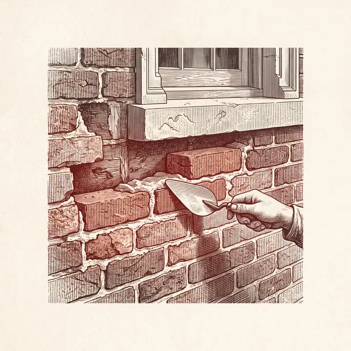 Etching of worn bricks being replaced and re-pointed under a limestone sill