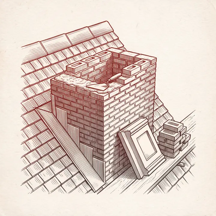 Etching of a brick chimney being rebuilt on a pitched roof