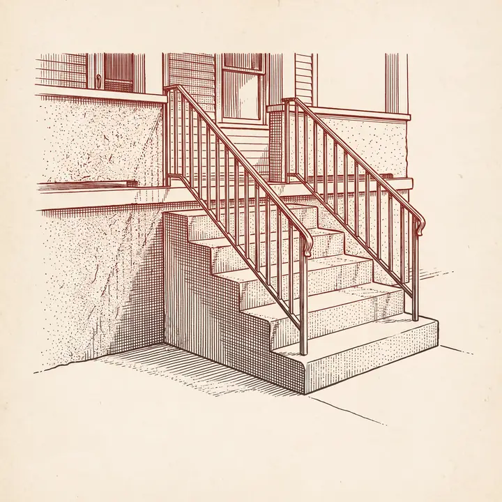 Etching of new concrete steps beside a freshly parged foundation wall