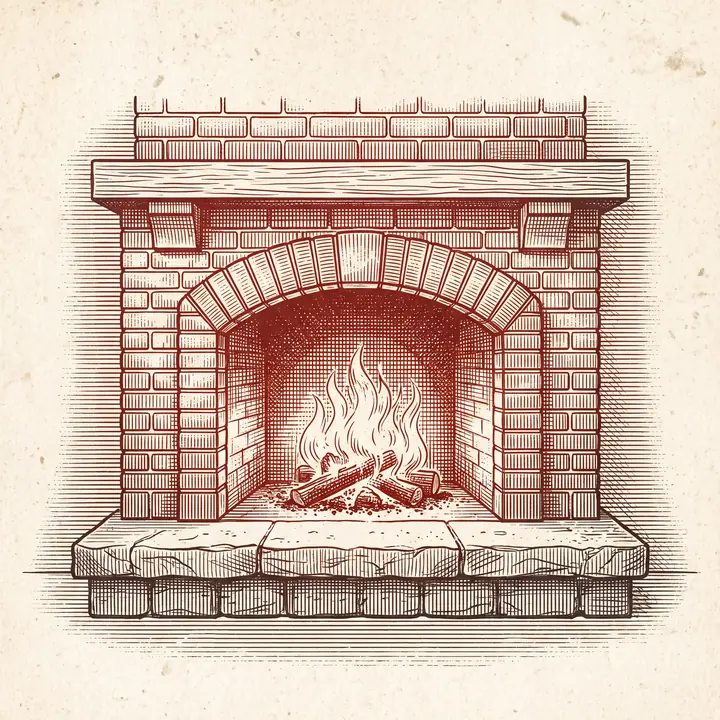 Etching of a brick fireplace with an arched firebox and stone hearth
