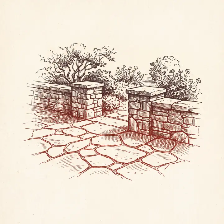 Etching of a flagstone patio and a fieldstone garden wall