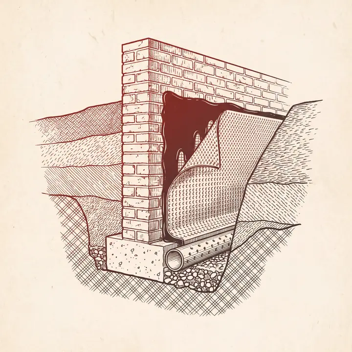 Cut-away etching of a waterproofed foundation wall with membrane and weeping tile